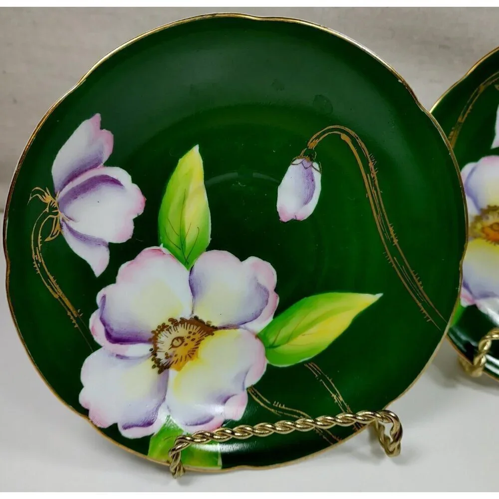 Silver China Occupied Japan Green Hand Painted Flowers Gold Trim Saucer Set Of 3